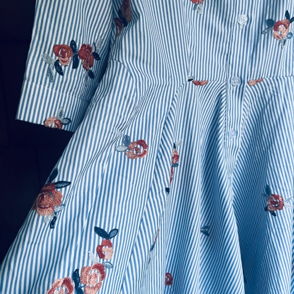 Gracia Women's Striped and Embroidered Flowers Midi Shirt Dress Size Small - Picture 5 of 12